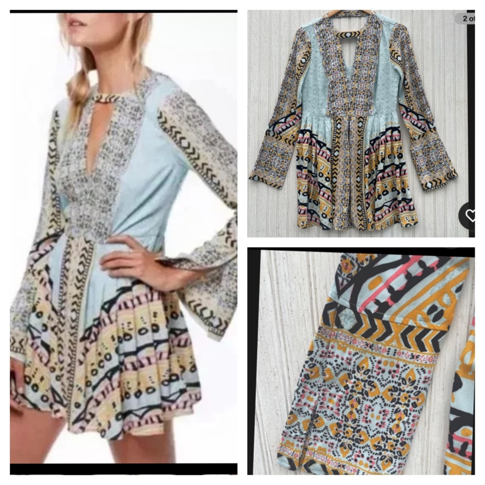 🌸 Free People Boho Patchwork Mini Dress – Size 2